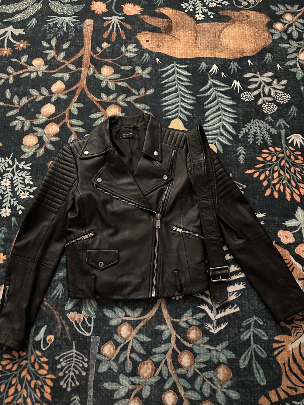 Black Leather Moto Jacket with Belt - Women